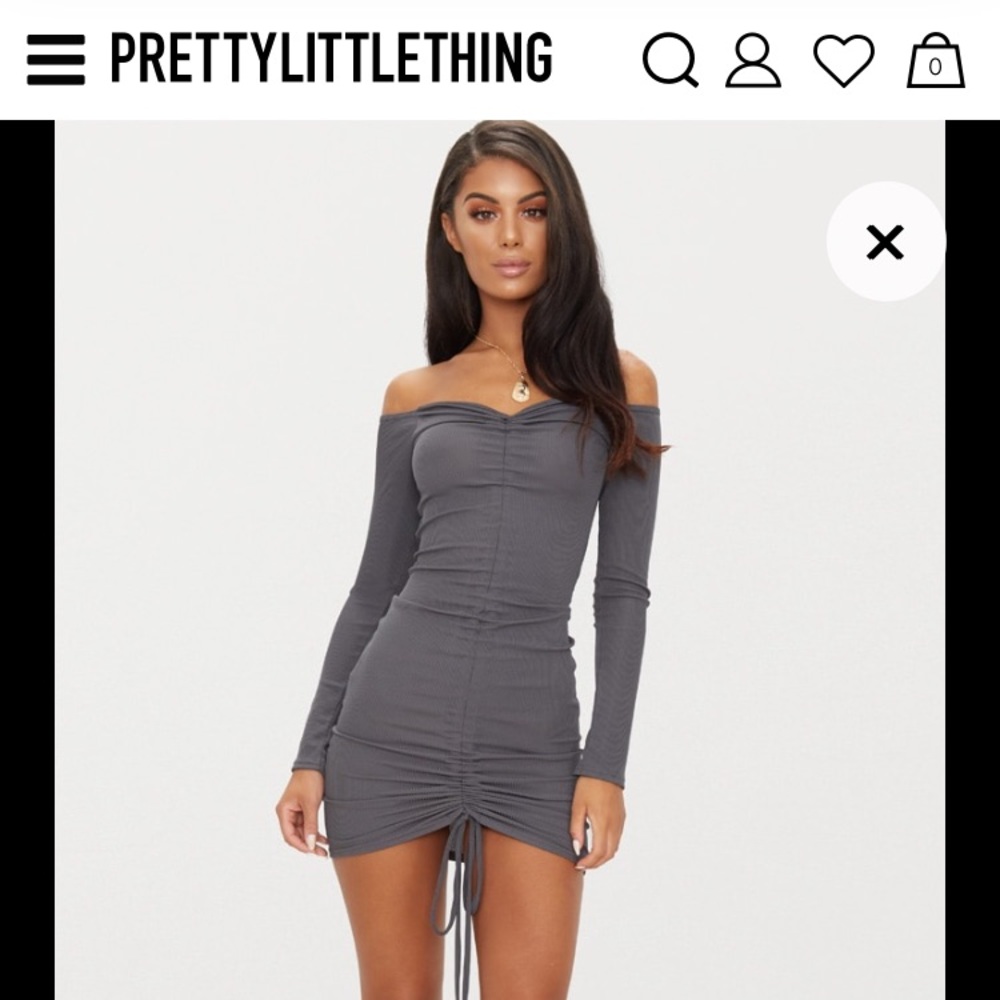 Charcoal ribbed long sleeve Bardot ruched dress